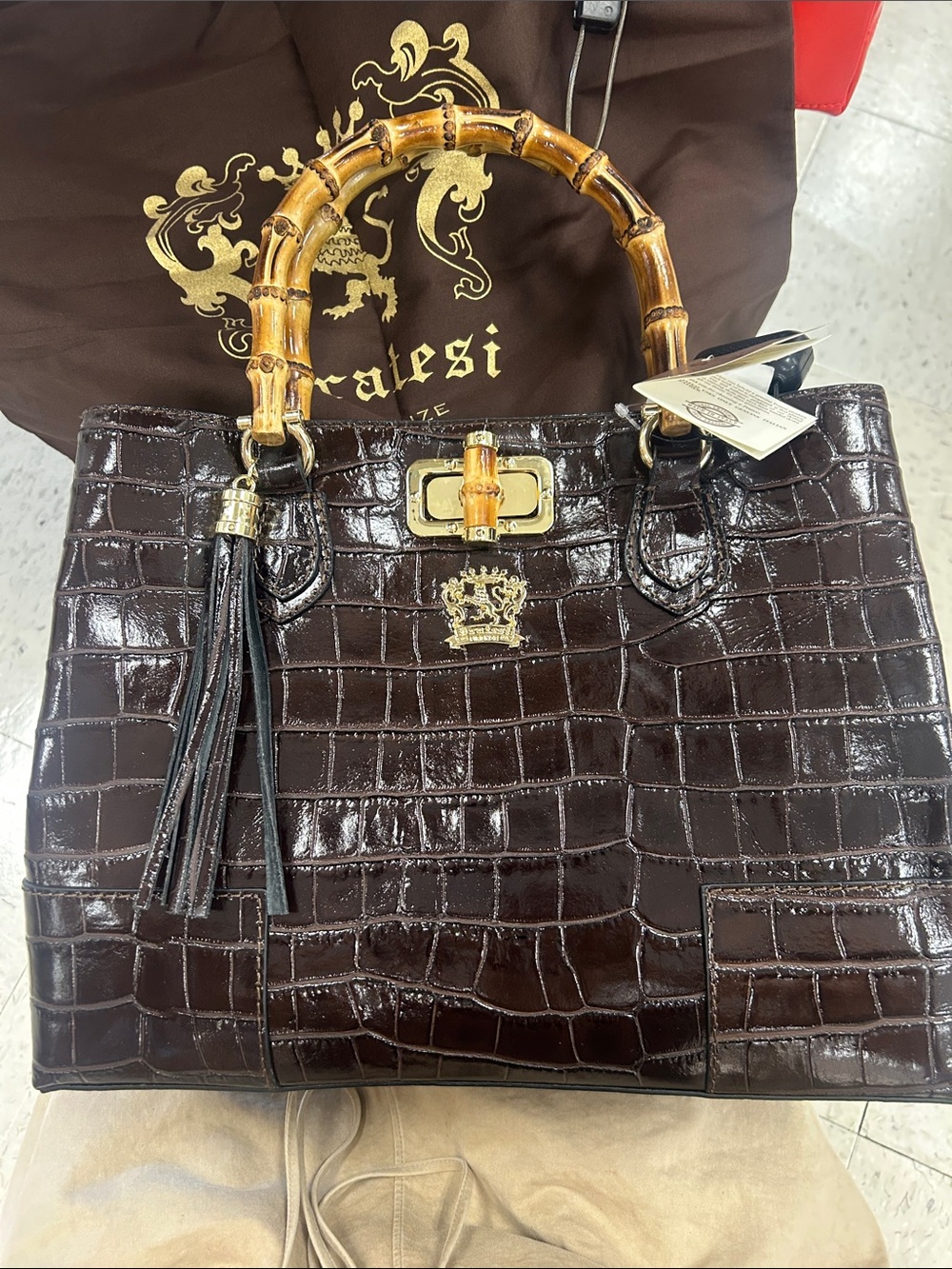 Dark Brown Croc-Embossed Bamboo Handle Satchel